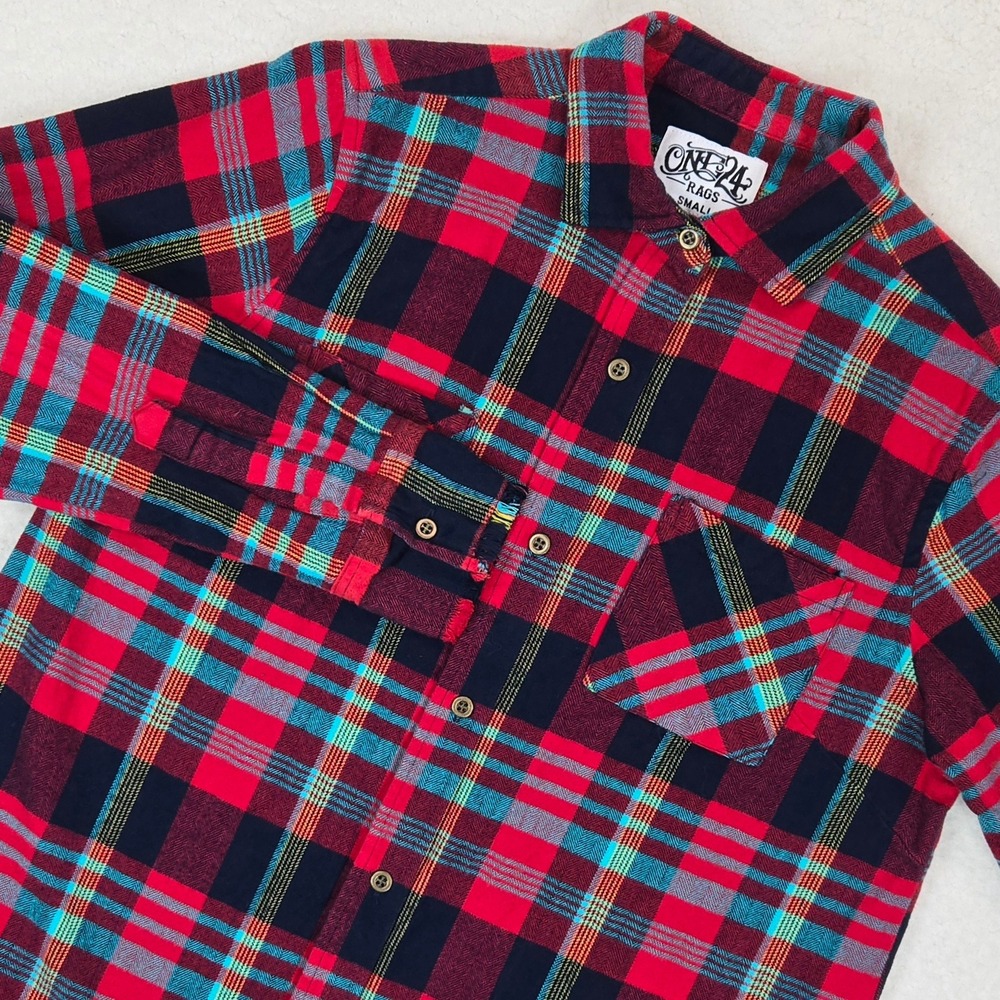 One 24 Rags Boutique Flannel Shirt S Plaid Frayed Hem Red Blue Western Grunge